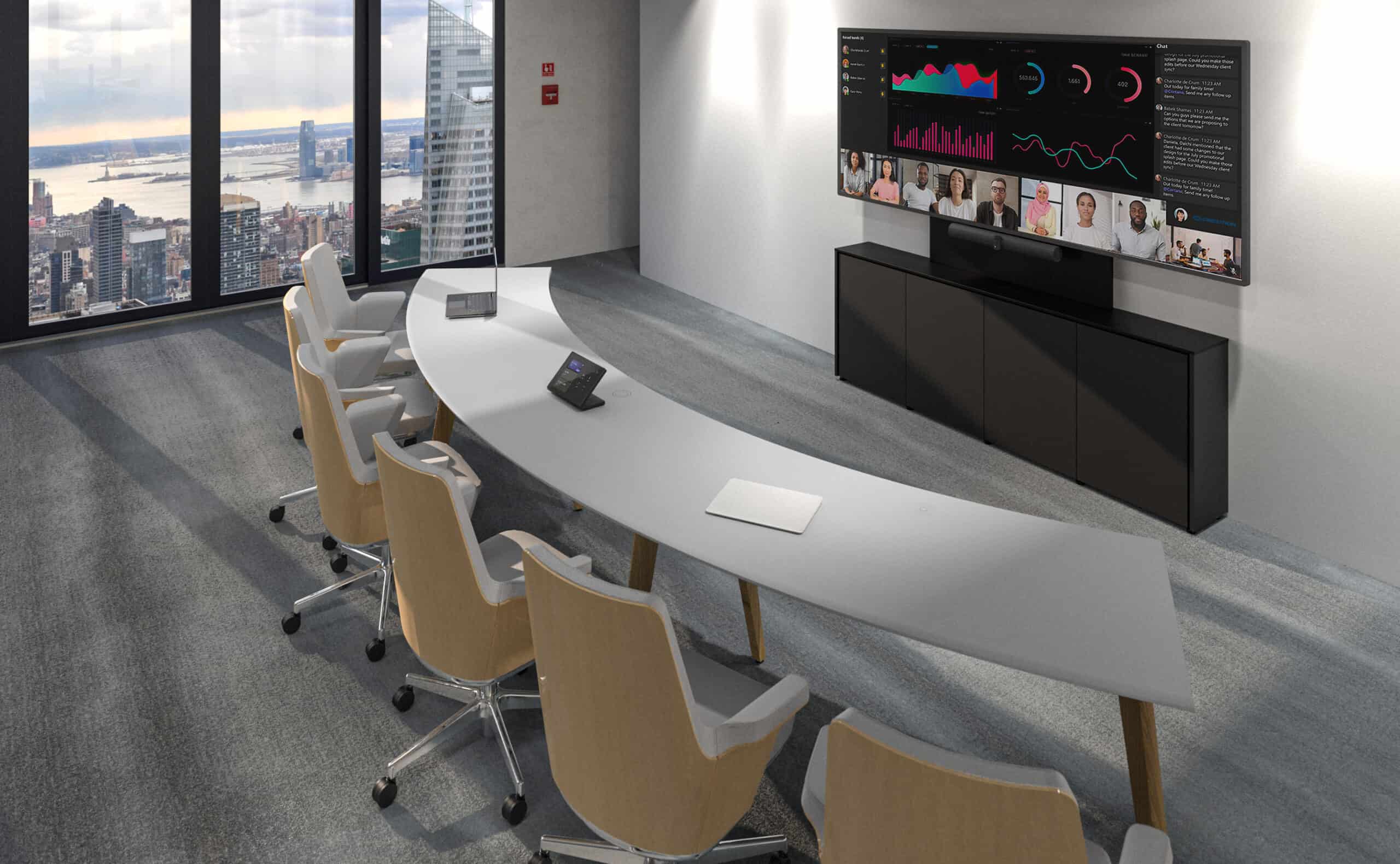 Modern conference room: curved table, six chairs, screen with charts; cityscape view through large left windows.