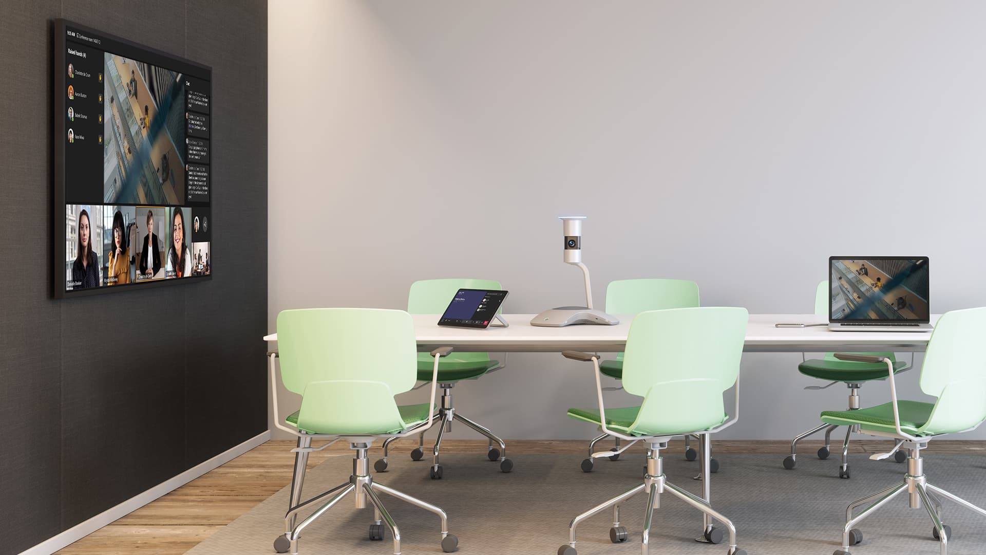 Modern conference room: table, green chairs, screen with video call, laptop & tablet; neutral hues, light walls, wooden floor.