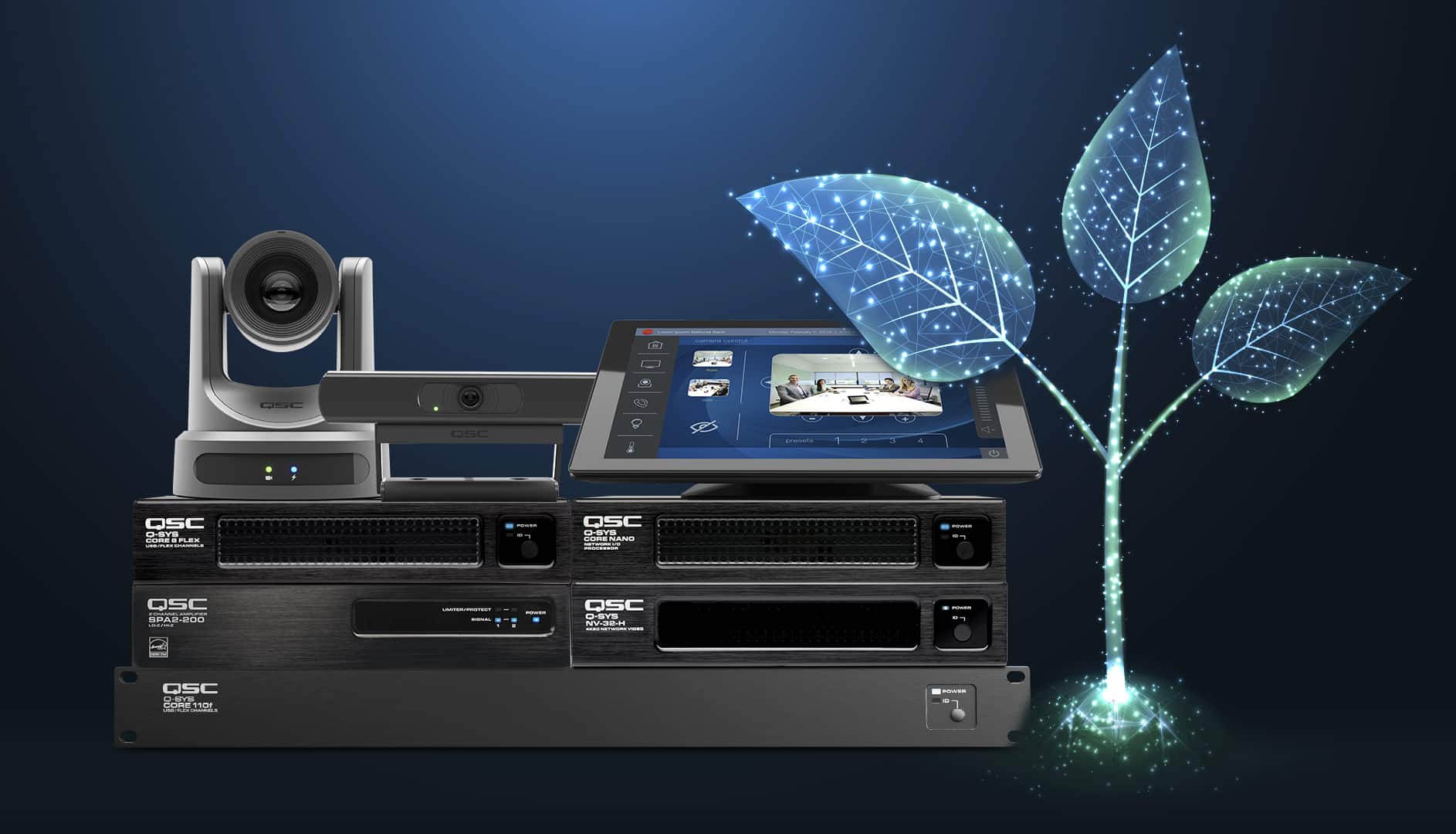 QSC AV kit: camera, tablet, sound processors. Plant with glowing leaves symbolizes growth on dark blue background.