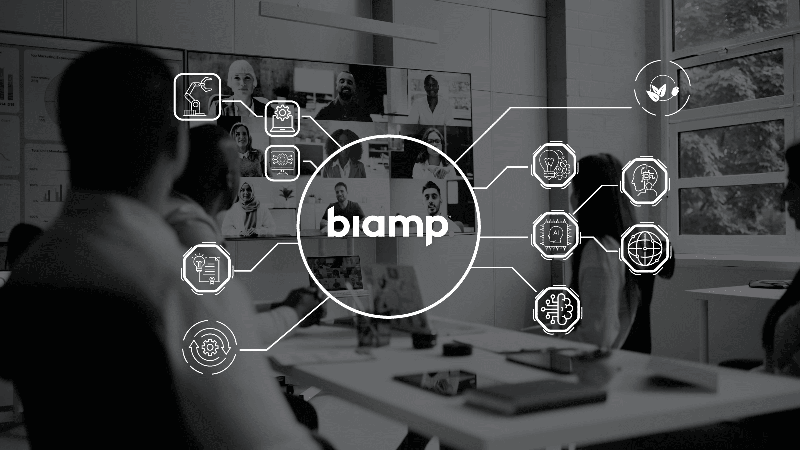 People in a meeting room with a large screen showing video call participants and biamp connected to tech symbols for collaboration.