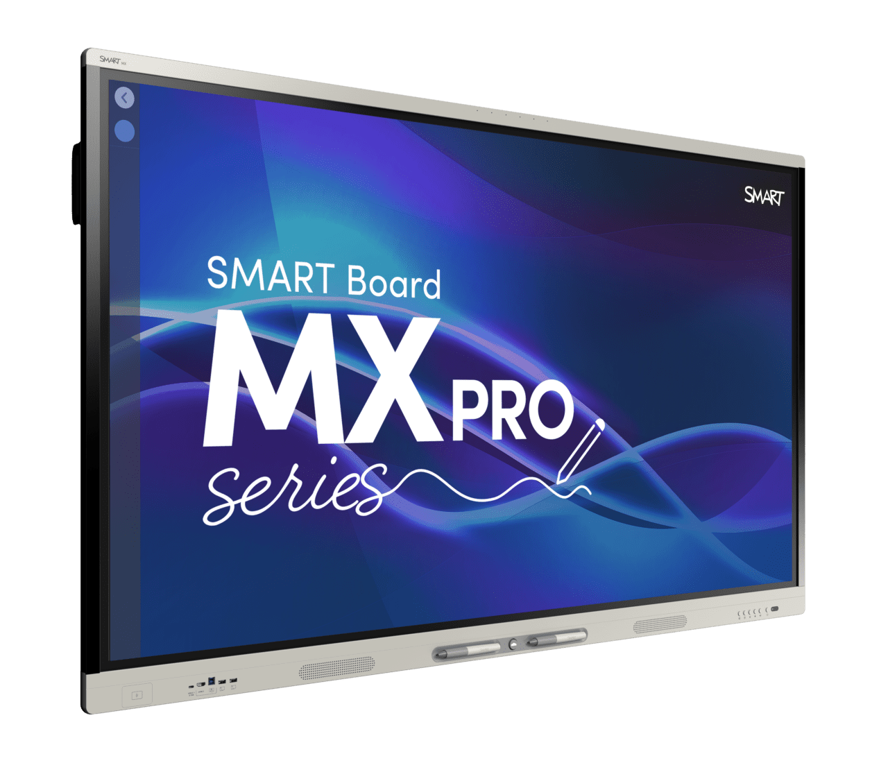 Display the SMART Board MX Pro logo on a blue-purple abstract background. Screen is mounted with control buttons at bottom.