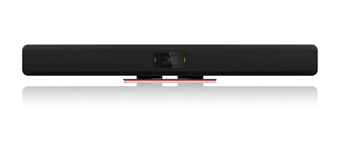 Black rectangular soundbar with central camera lens and green lights on sides, on a reflective surface.